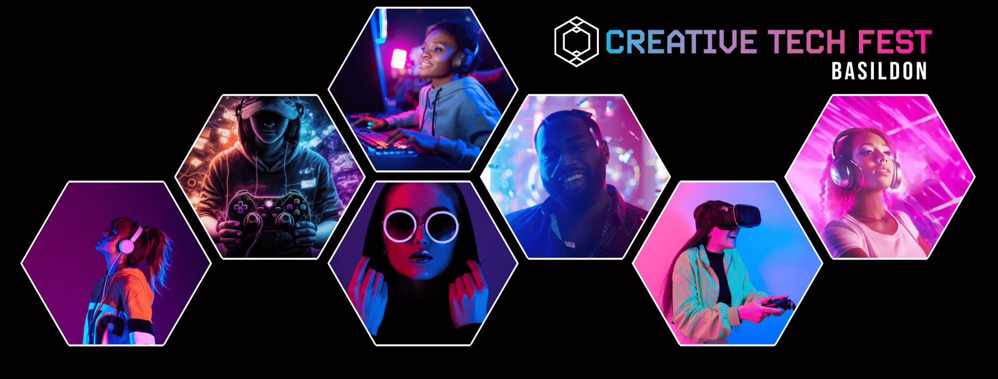 Hexagons with images of young people doing tech-related activities